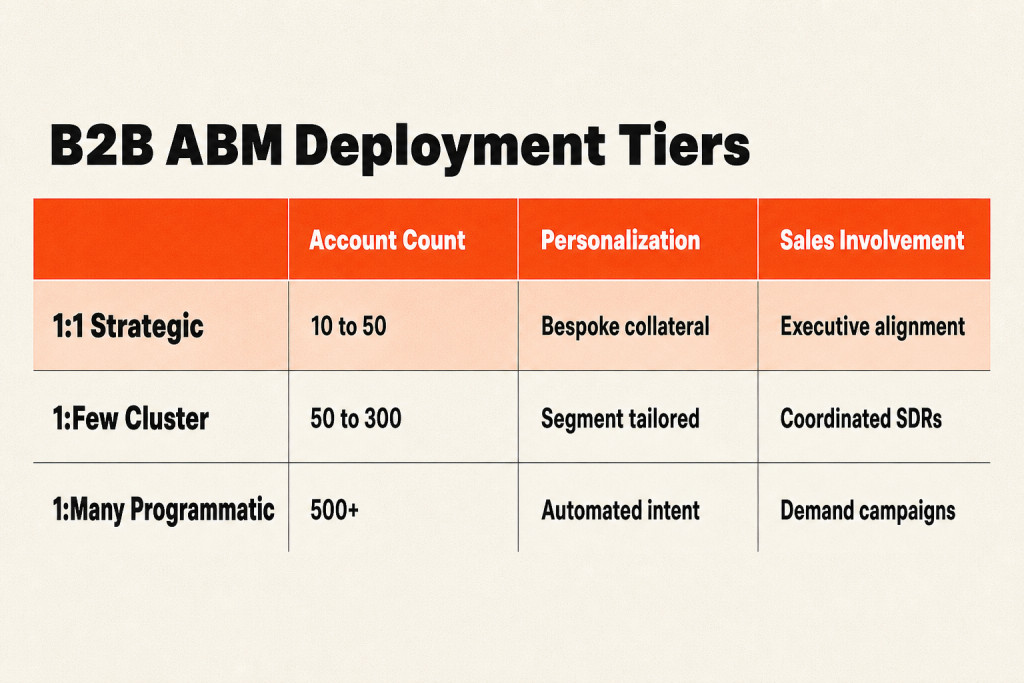 Comparison table of ABM deployment tiers covering account count, personalization depth, and sales involvement