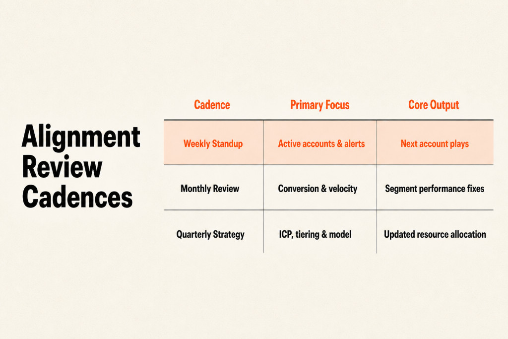Table detailing weekly standup, monthly review, and quarterly strategy cadences