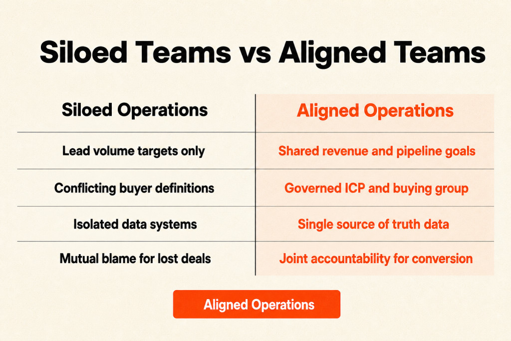 Comparison between siloed operating models and aligned revenue team practices