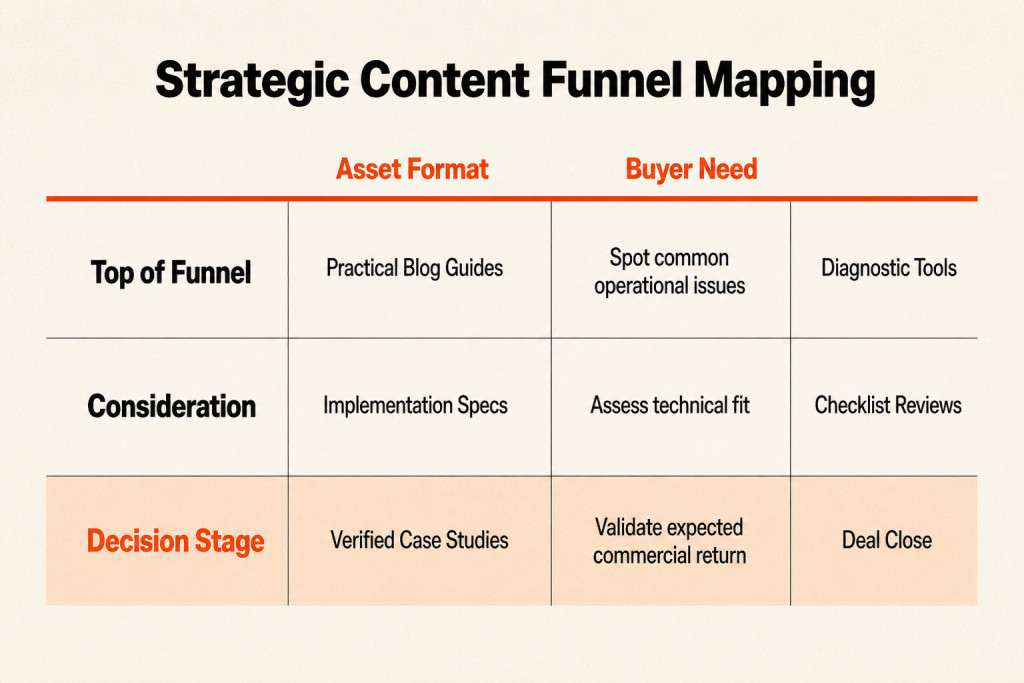 Table aligning funnel stages with specific asset formats and primary buyer objectives