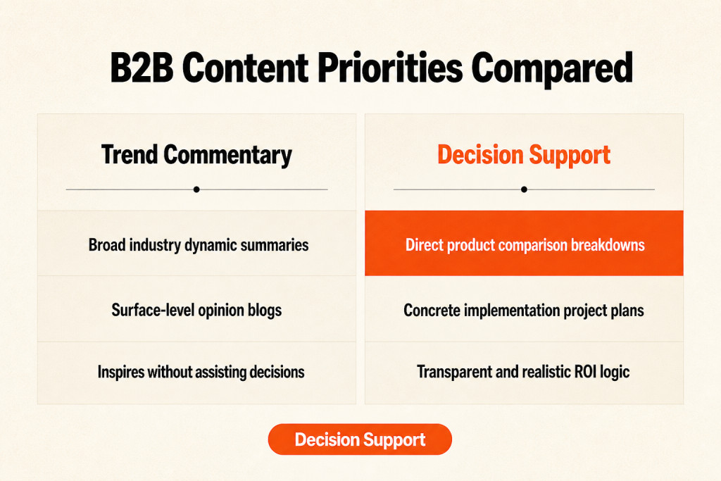A graphic presents comparison pages, implementation guides, and ROI calculators as practical B2B decision-support assets.