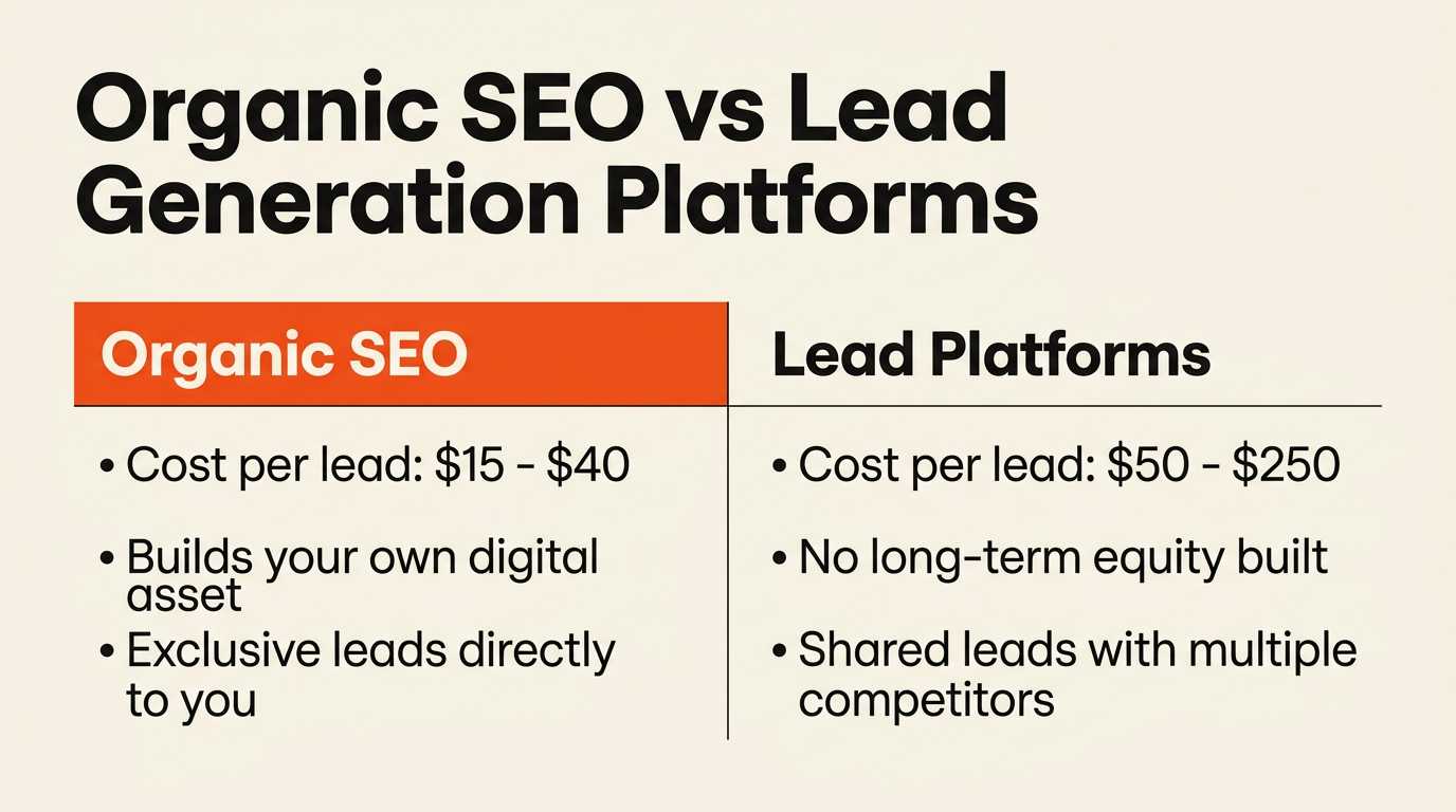 Graphic comparing Organic SEO and Paid Search Ads for roofing lead generation
