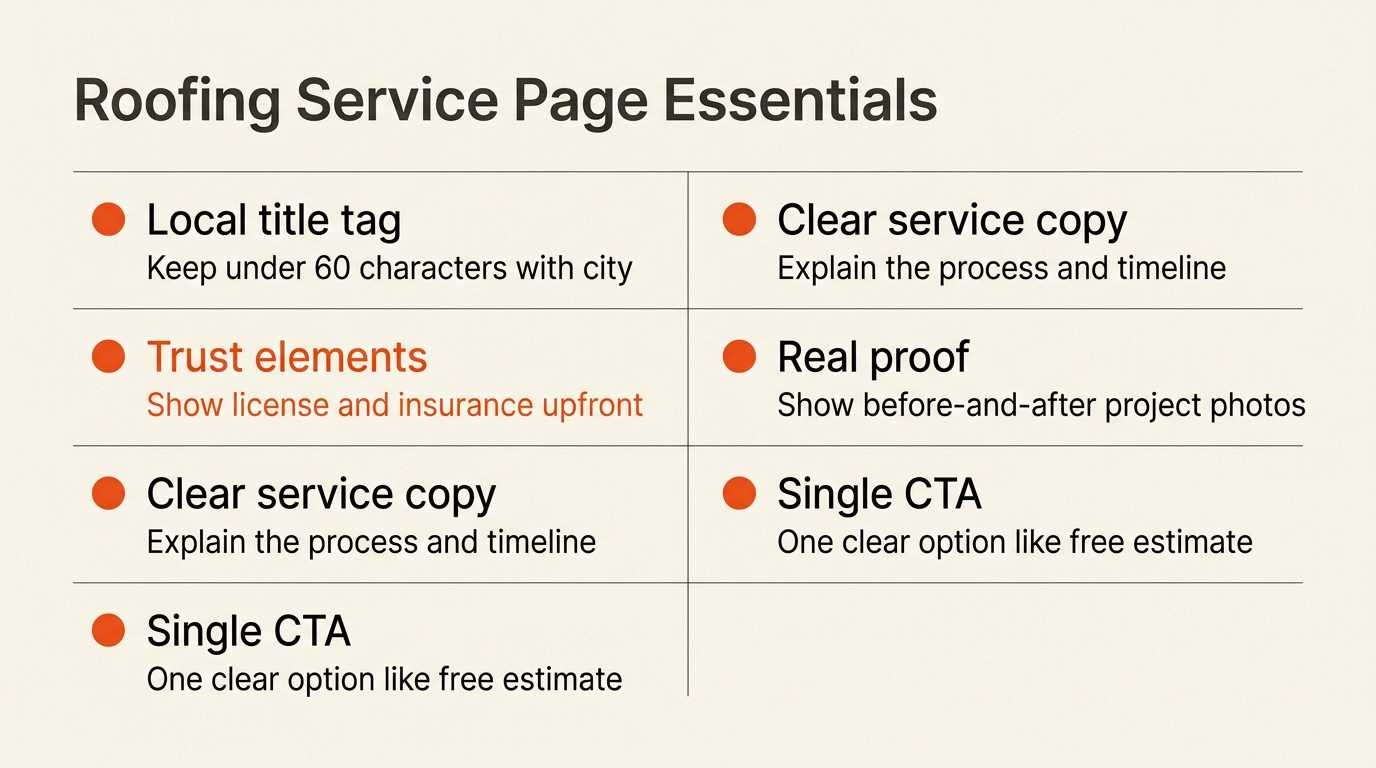 Graphic showcasing critical elements of a high-converting roofing service page

