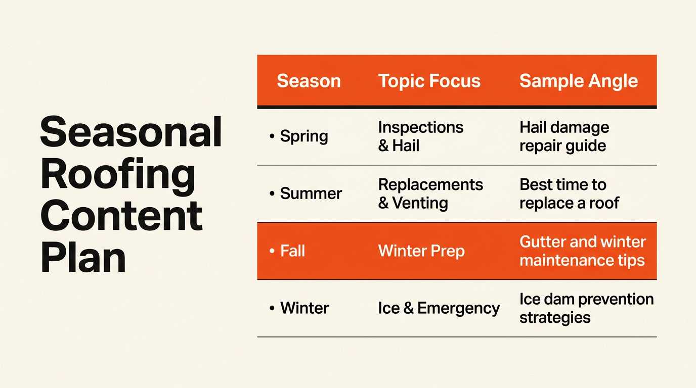 Graphic showing seasonal content topics for roofing SEO