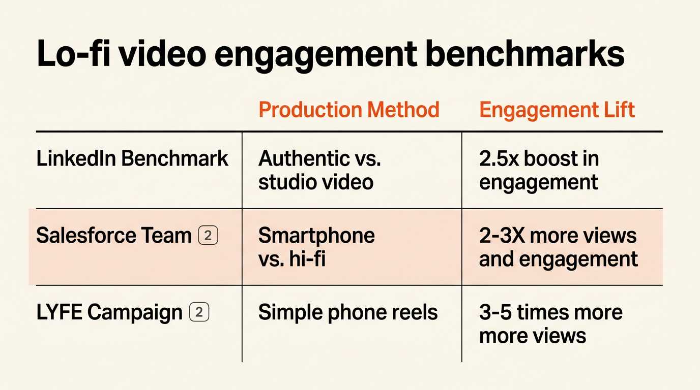 Table comparison showing lo-fi smartphone video outperforming polished studio production