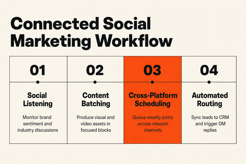 Step-by-step diagram of a cohesive social media marketing production workflow