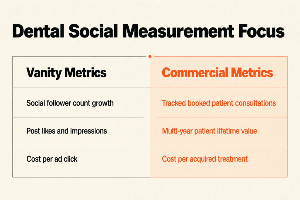 Comparison between vanity social metrics and commercial booking metrics for dental practices