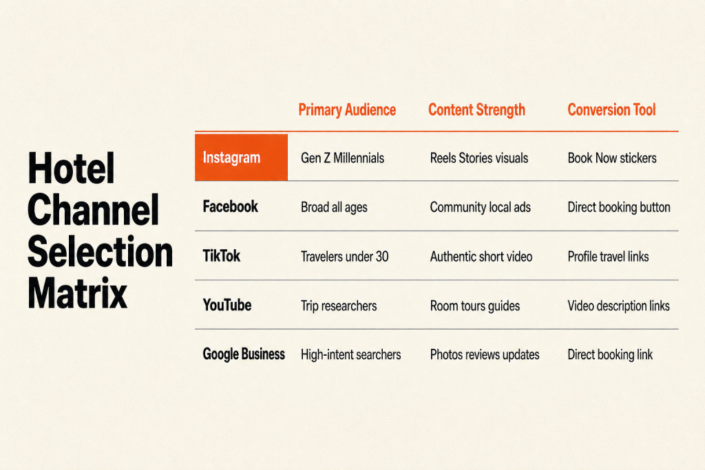 Table comparing hotel social media channels by audience, content style, and conversion features
