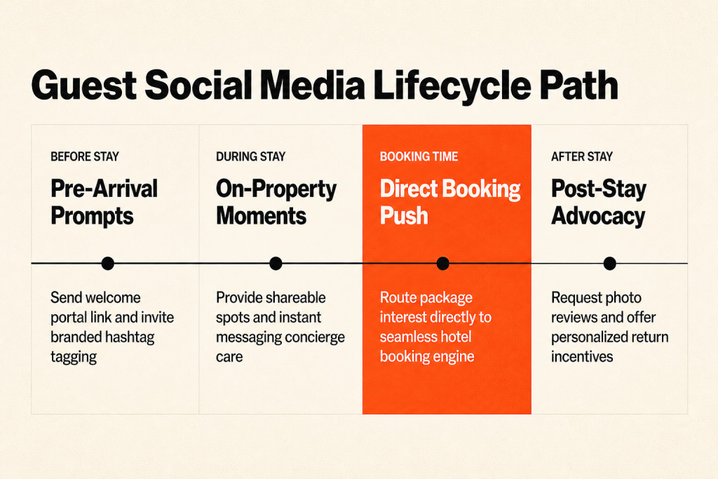 Process diagram showing the four stages of integrating social media into the hotel guest lifecycle