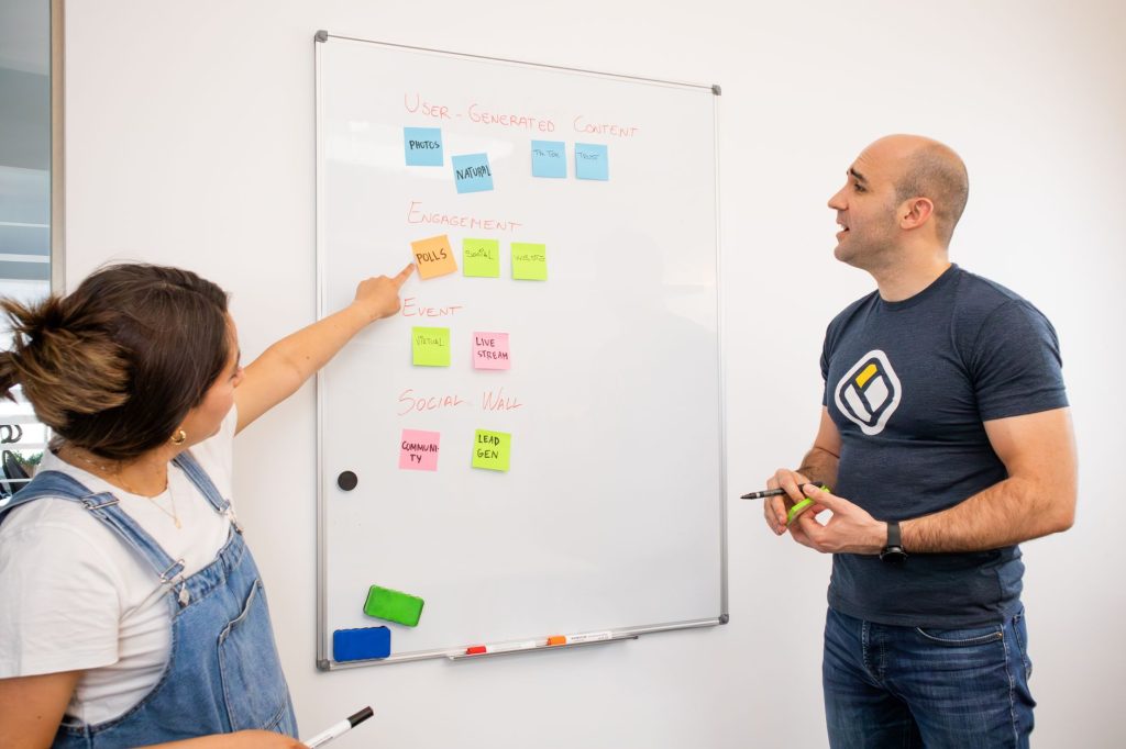 Hotel marketing team reviewing Social Media Marketing Strategy for Hotels on whiteboard