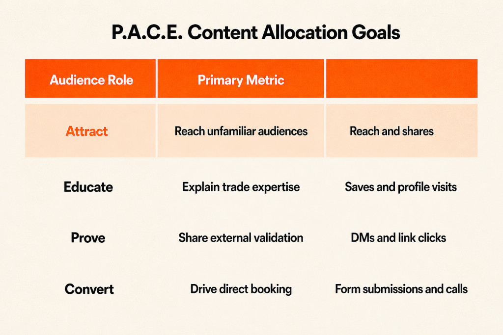 Table breaking down the four P.A.C.E. content allocation goals by audience role and primary metric