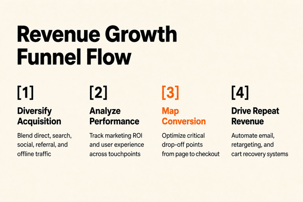 Four-step revenue growth funnel connecting acquisition, performance analysis, conversion mapping, and retention