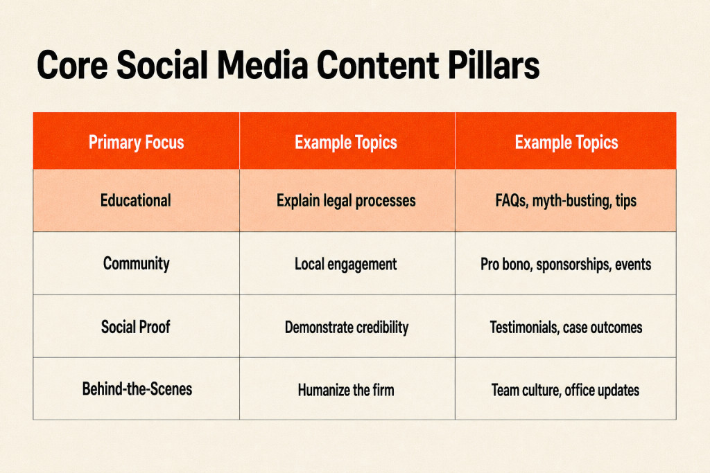 Table breaking down core content pillars, objectives, and post formats for law firm social media