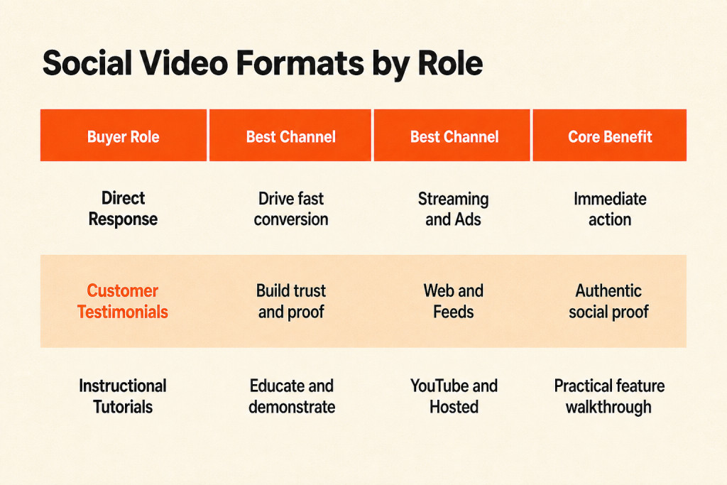 Comparison table matching social video formats to marketing functions