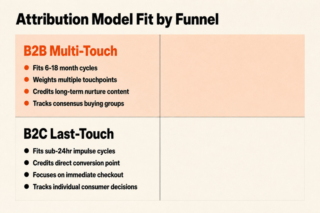 Comparison of attribution models for B2B multi-touch versus B2C last-touch funnels