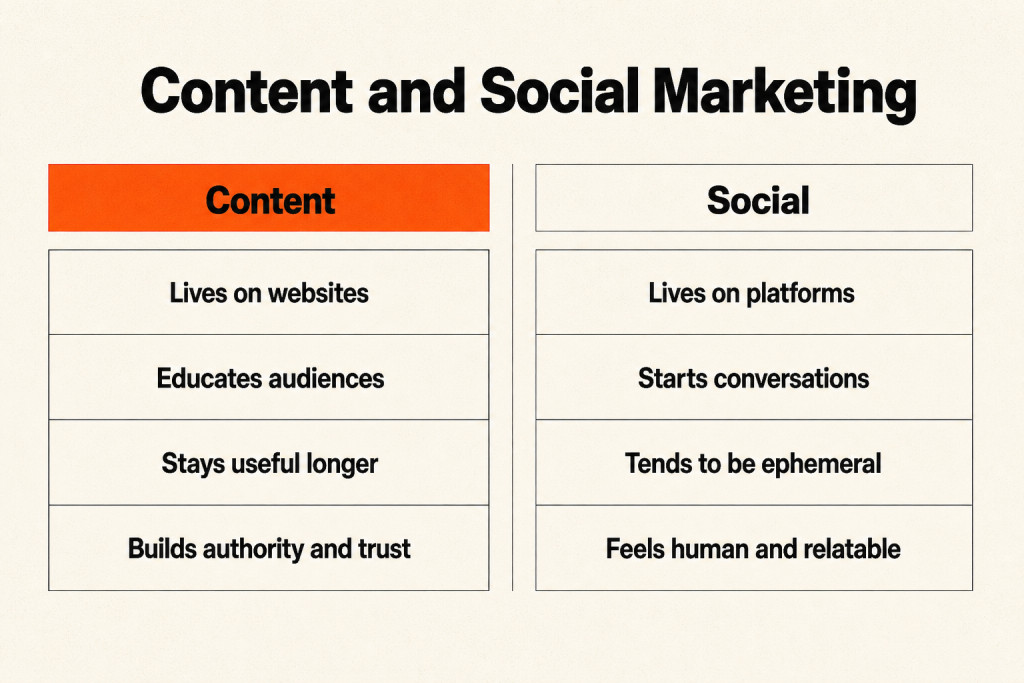 Comparison of content marketing and social media marketing by home, purpose, shelf life, and brand impact