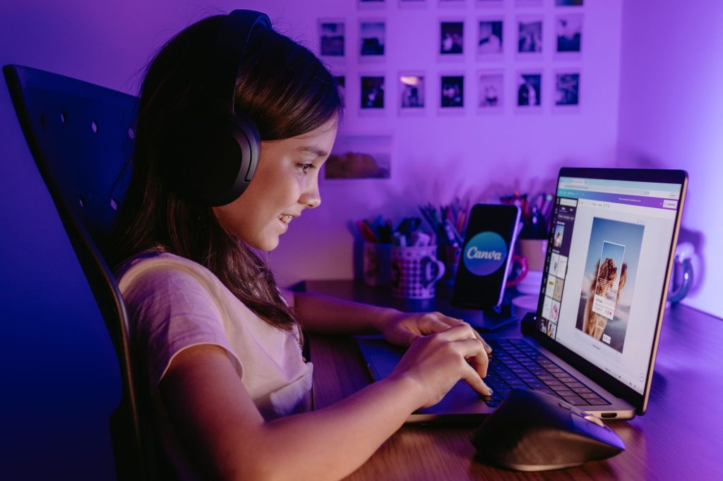 Content creator working on visual assets at a computer