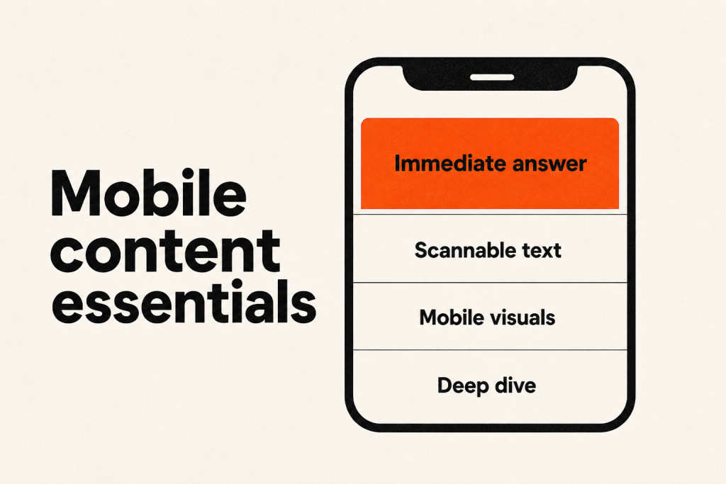 A phone screen showing an immediate answer, scannable text, mobile visuals, and a deeper article.