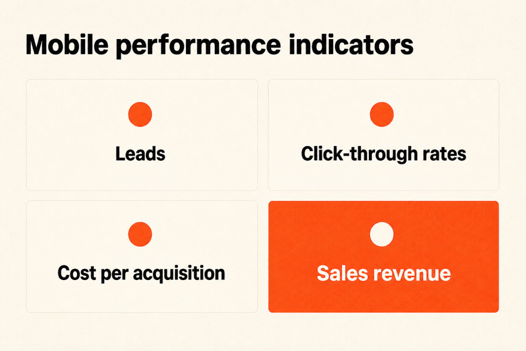 A mobile analytics dashboard displaying leads, click-through rates, acquisition costs, and sales revenue.