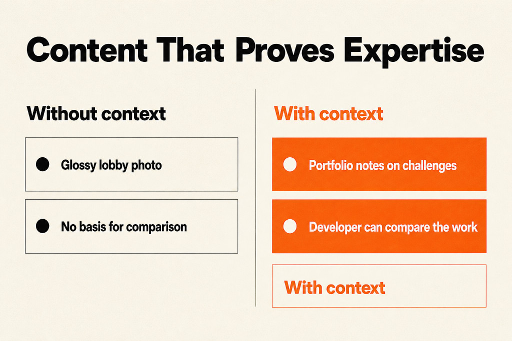 A construction project image contrasted with one accompanied by portfolio notes