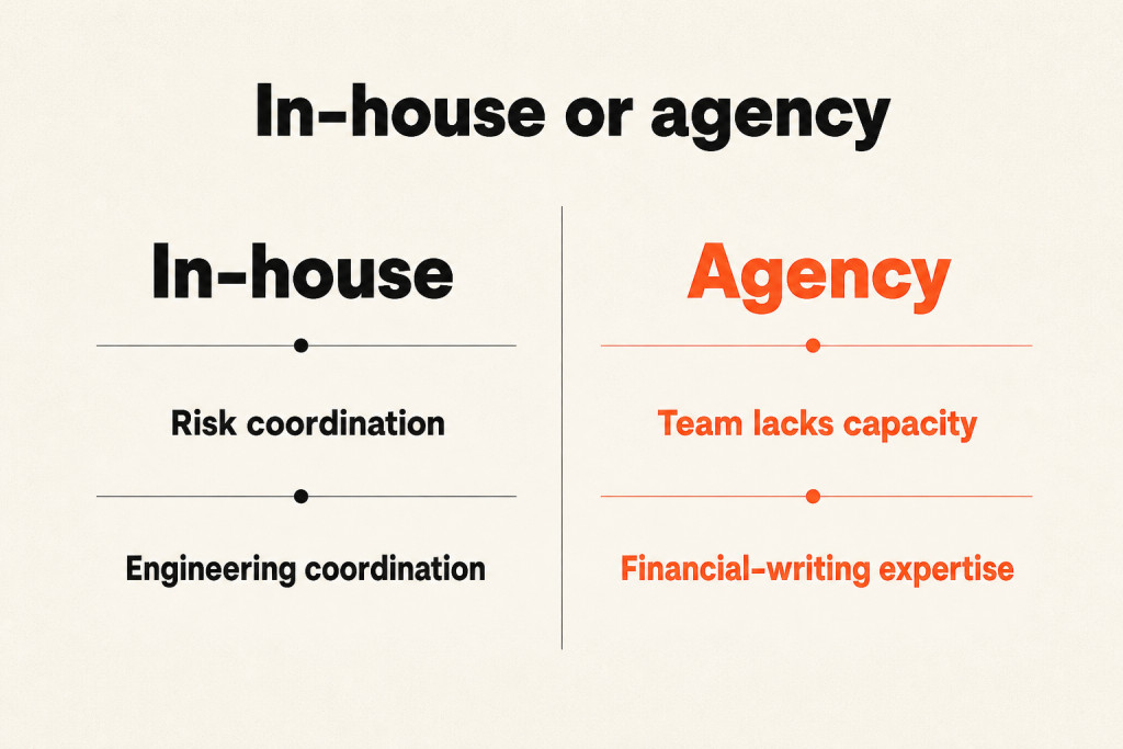 In-house fintech production and agency support compared by expertise and coordination needs