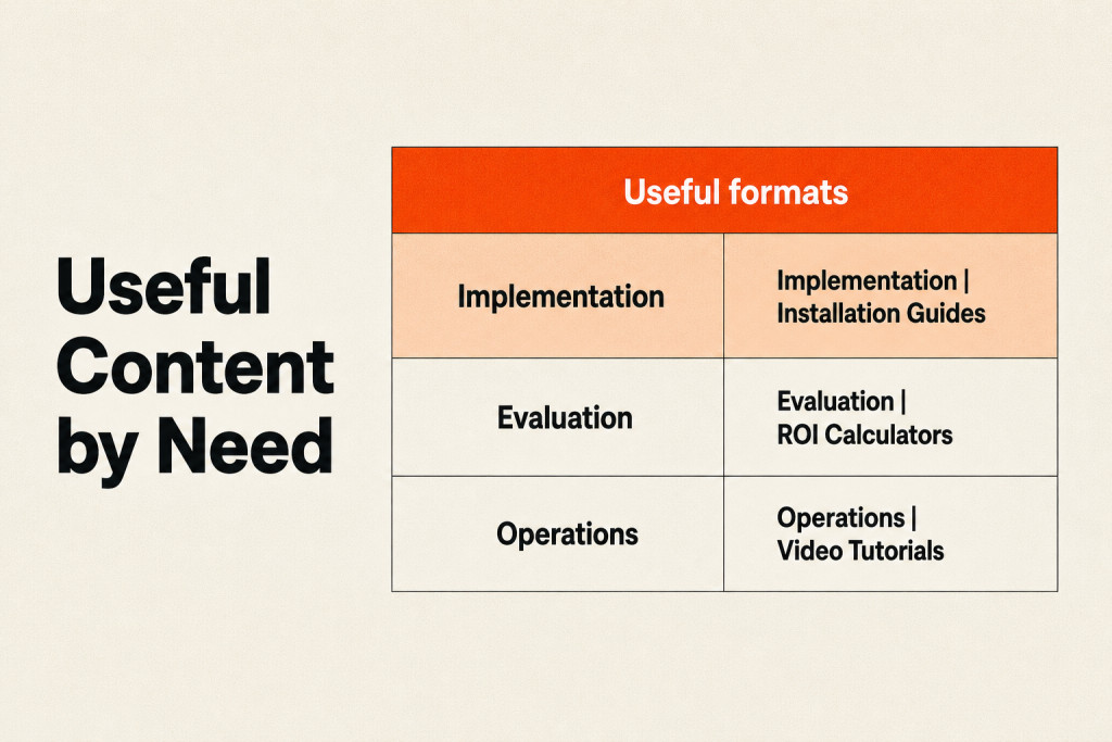 Table connecting implementation, evaluation, and operations with useful content formats