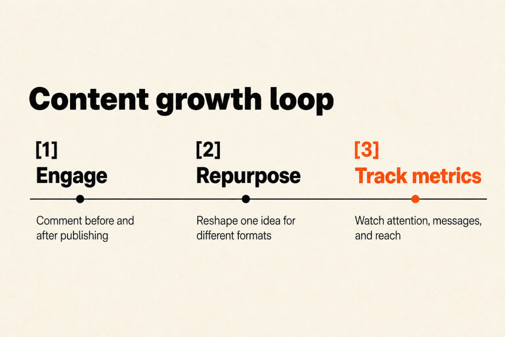 A creator moves from engagement to repurposing content and tracking business-aligned signals.