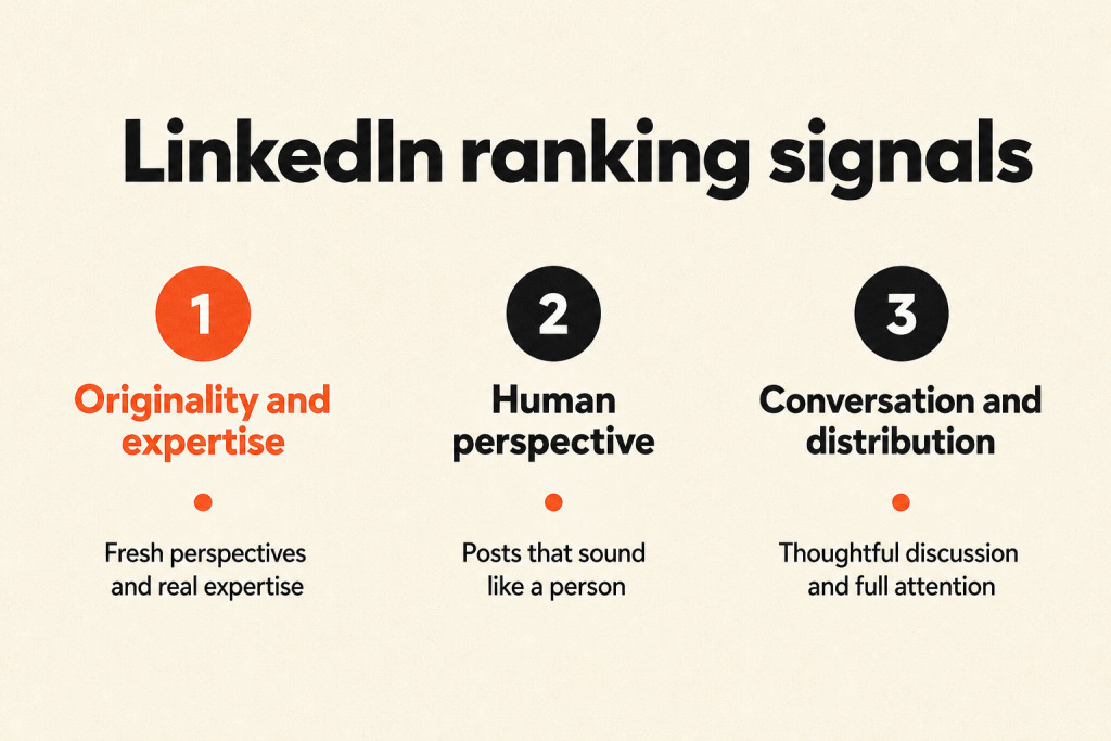 Three ranking signals: originality and expertise, human perspective, and conversation and distribution.