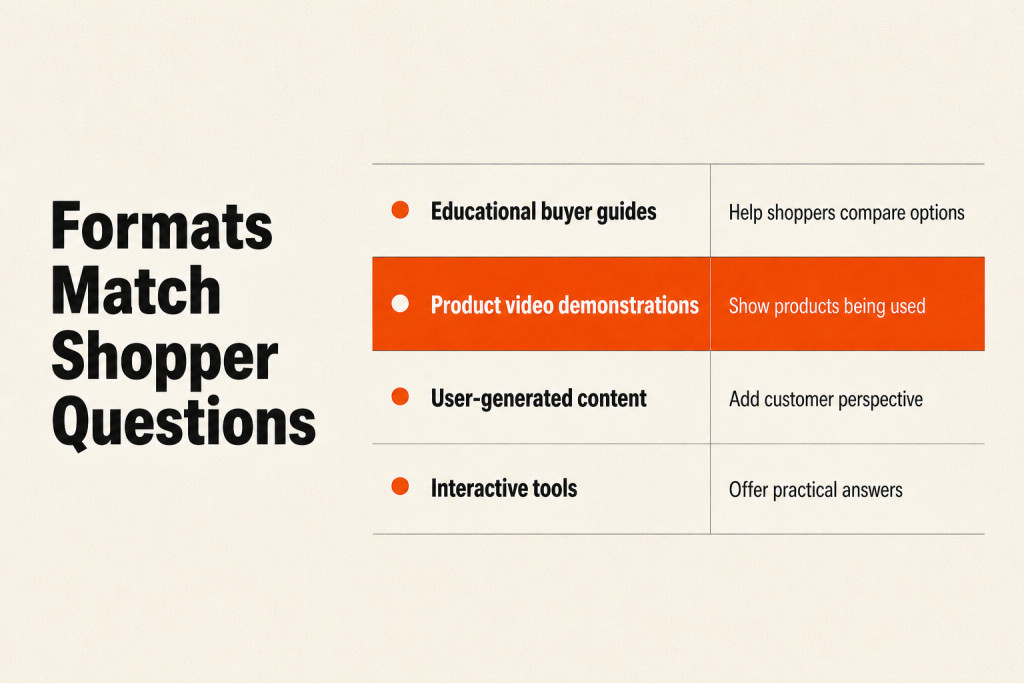 Four content formats help shoppers compare, see products in use, hear from customers, and get practical answers