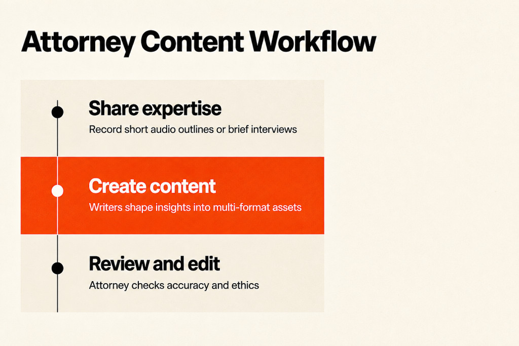 Three steps show attorneys sharing expertise, writers creating content, and an attorney reviewing it.