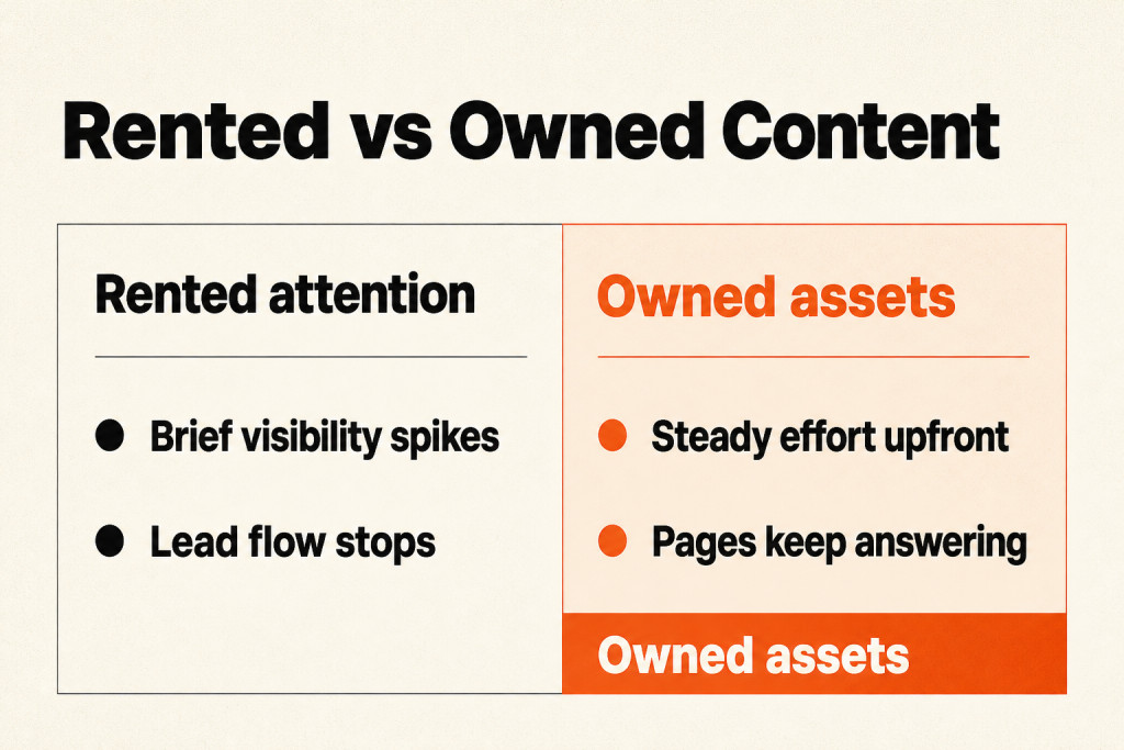 A comparison contrasts short-lived paid advertising with owned pages that keep answering questions.
