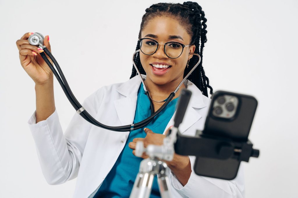 Chiropractor records educational content in a clinic