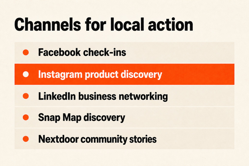 A list connects social platforms with local business pages, discovery, networking, and community stories.